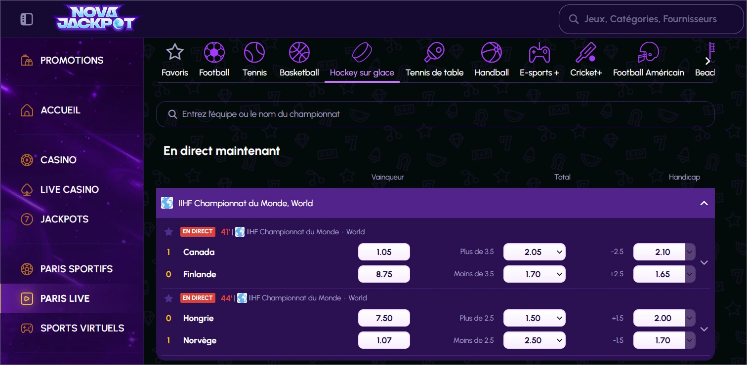 Paris en direct sur NovaJackpot Casino